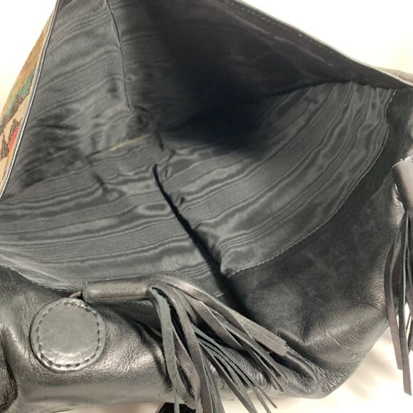 Southwestern Design Fabric Front Flap w/ Tassels Black Leather Shoulder Bag - Picture 5 of 10